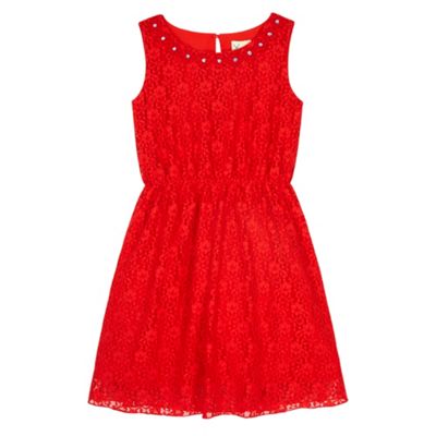 Yumi Girl Red Embellished Daisy Lace Dress